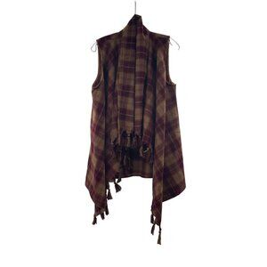 Entro Women's Plaid Sleeveless Cardigan Open Front Wine/Tan Size Small Fringe